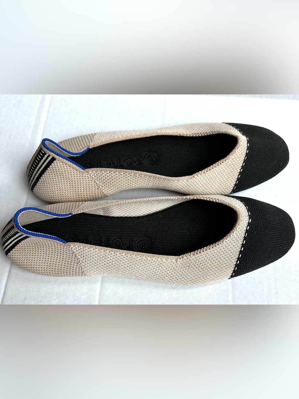 Rothy’s Beige/Black Colorblock Woven Knit Comfy Career Wear Ballet Flats Sz 9.5